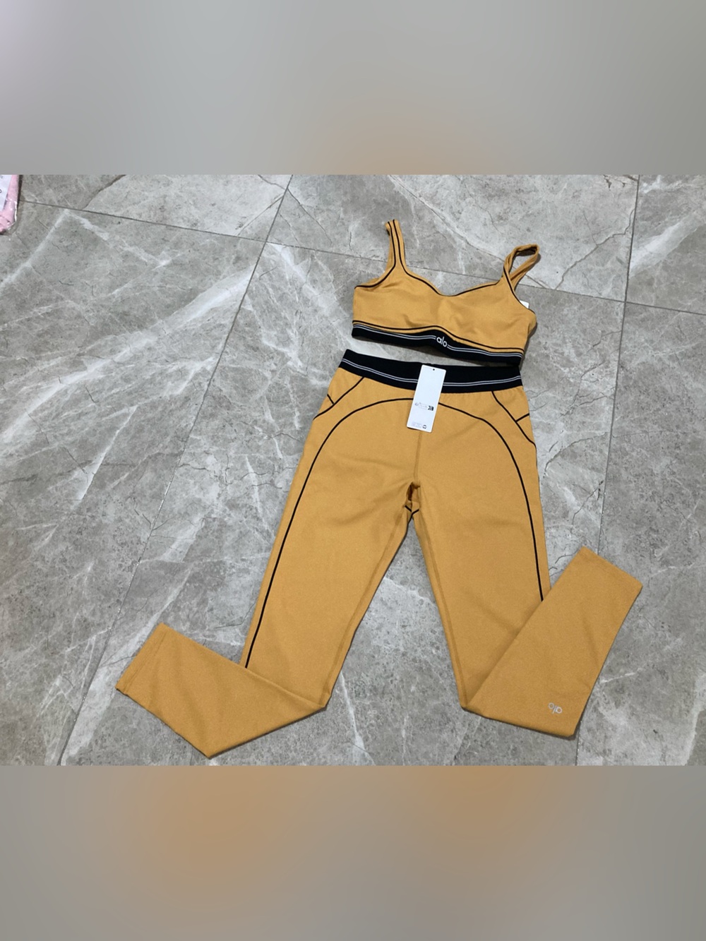 ALO Yoga Mustard Yellow Legging and Crop Top Set with Black Waistband